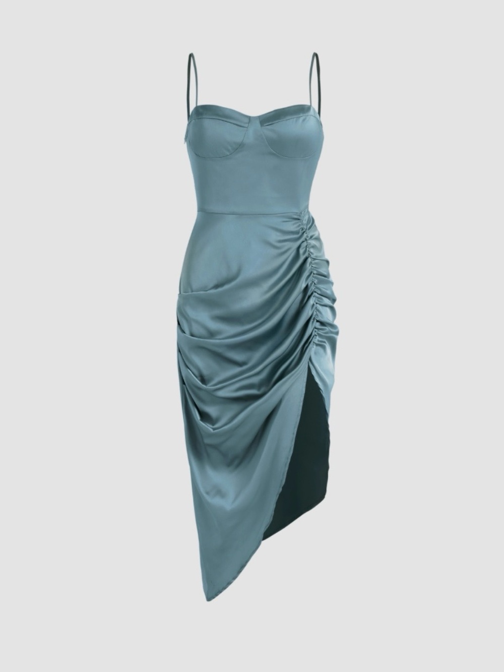 NWT Cider Satin Ruched Asymmetrical Slip Dress - Teal Blue